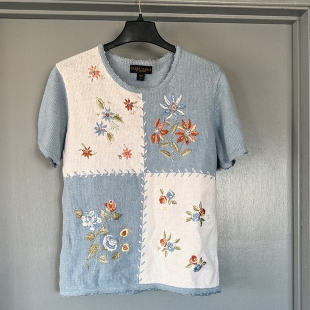 Blue White Color Block Floral Embroidery Short Sleeve Pullover Sweater Cottage M